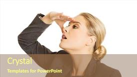  Presentation with look - Amazing theme having businesswoman see something interesting and look away backdrop and a coral colored foreground