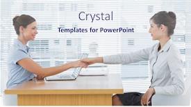  Presentation with shaking hands - PPT theme featuring businesswoman-shaking-hands-with-interviewee background and a sky blue colored foreground