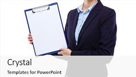  Presentation with show - Audience pleasing presentation consisting of businesswoman show clipboard with white paper backdrop and a white colored foreground