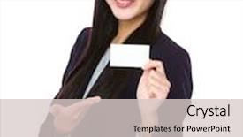  Presentation with show - Amazing PPT theme having businesswoman show with blank namecard backdrop and a lemonade colored foreground