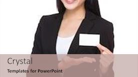  Presentation with show - Cool new presentation theme with businesswoman-show-with-namecard backdrop and a coral colored foreground