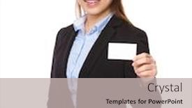  Presentation with show - Presentation theme with businesswoman show with namecard background and a light gray colored foreground