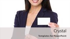  Presentation with show - Theme featuring businesswoman-show-with-namecard background and a light gray colored foreground