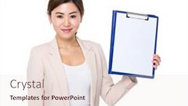  Presentation with show - Amazing slide set having businesswoman show with the clipboard backdrop and a lemonade colored foreground