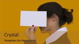  Presentation with focus - Cool new presentation design with businesswoman showing a blank card focus on the card backdrop and a gold colored foreground