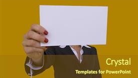  Presentation with focus - PPT theme with businesswoman showing a blank card focus on the card background and a tawny brown colored foreground