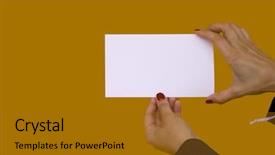  Presentation with focus - Slides enhanced with businesswoman showing a blank card focus on the card background and a gold colored foreground