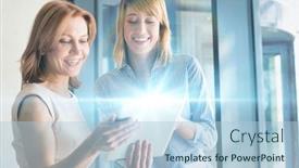  Presentation with flare - Presentation design consisting of businesswoman showing digital tablet to mature businesswoman in office hall with lens flare in background background and a light blue colored foreground