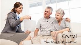  Presentation with home documents - Colorful slide deck enhanced with businesswoman showing documents to senior couple at home backdrop and a lemonade colored foreground