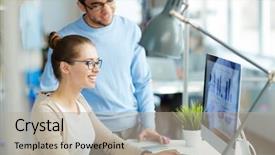  Presentation with revenue - PPT layouts having businesswoman showing graphs of revenue to his colleague background and a mint green colored foreground