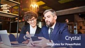  Presentation with points - Theme consisting of businesswoman showing her colleague data background and a ocean colored foreground