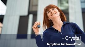  Presentation with new office - Slide set featuring businesswoman-showing-the-keys background and a navy blue colored foreground