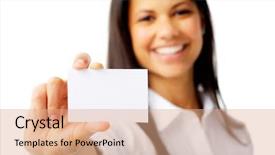  Presentation with marketing - Colorful theme enhanced with businesswoman shows a blank card backdrop and a coral colored foreground