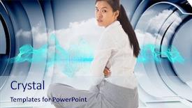  Presentation with structure design - Colorful PPT theme enhanced with businesswoman sitting cross legged frowning against abstract blue design on clouds in structure backdrop and a lemonade colored foreground