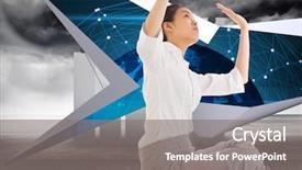  Presentation with statistic - Audience pleasing PPT theme consisting of businesswoman sitting cross legged pushing up against stormy sky on wall with statistic backdrop and a gray colored foreground