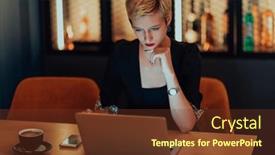  Presentation with meetings - Presentation design enhanced with businesswoman-sitting-in-a-cafe background and a tawny brown colored foreground