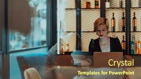  Presentation with meetings - Presentation theme with businesswoman-sitting-in-a-cafe background and a tawny brown colored foreground