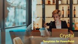  Presentation with meetings - Slide set consisting of businesswoman-sitting-in-a-cafe background and a tawny brown colored foreground