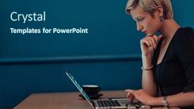  Presentation with meetings - Presentation theme featuring businesswoman-sitting-in-a-cafe background and a ocean colored foreground