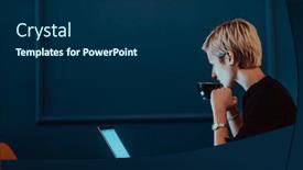  Presentation with meetings - PPT theme with businesswoman-sitting-in-a-cafe background and a navy blue colored foreground