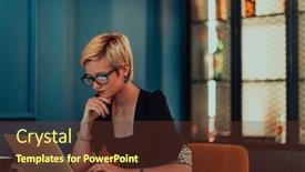  Presentation with meetings - PPT theme featuring businesswoman-sitting-in-a-cafe background and a  colored foreground