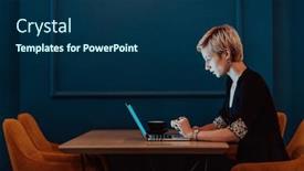  Presentation with meetings - Presentation design consisting of businesswoman-sitting-in-a-cafe background and a ocean colored foreground