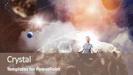  Presentation with lotus flower - Presentation design with businesswoman sitting in lotus flower position against space background background and a coral colored foreground