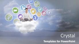  Presentation with lotus - PPT theme having businesswoman sitting in lotus pose against clouds in a room background and a gray colored foreground