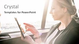  Presentation with digital car - Slide deck enhanced with businesswoman sitting in sunlight inside the car using digital tablet background and a white colored foreground