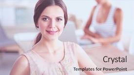  Presentation with plants in office - Amazing presentation having businesswoman sitting in the office backdrop and a  colored foreground