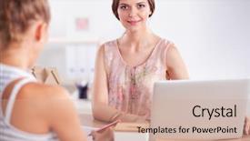  Presentation with principal - Cool new theme with businesswoman sitting in the office backdrop and a  colored foreground