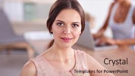  Presentation with office moves - Beautiful PPT layouts featuring businesswoman sitting in the office backdrop and a  colored foreground