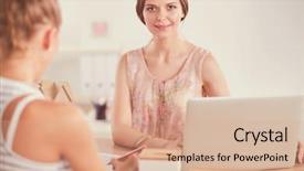  Presentation with office fruit - Slide deck with businesswoman sitting in the office background and a  colored foreground