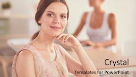  Presentation with flouride treatmnt in the dental office - PPT theme featuring businesswoman sitting in the office background and a  colored foreground