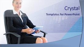  Presentation with skyscraper - Beautiful PPT theme featuring businesswoman sitting on swivel chair with tablet against skyscraper backdrop and a sky blue colored foreground