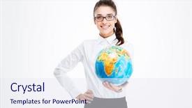  Presentation with green earth world globe map - Slides having political leadership - cheerful pretty young businesswoman smiling background and a sky blue colored foreground