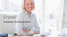  Presentation with desk - Colorful presentation enhanced with businesswoman smiling at camera sitting at desk backdrop and a light gray colored foreground