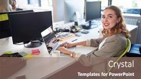  Presentation with woman office desk - Colorful presentation theme enhanced with businesswoman-smiling-at-her-desk backdrop and a coral colored foreground