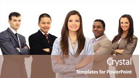  Presentation with portfolio - Audience pleasing PPT theme consisting of businesswoman smiling holding a portfolio backdrop and a coral colored foreground
