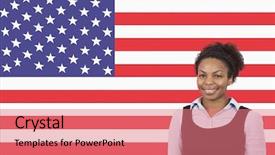  Presentation with elementary school female career day african american - Beautiful PPT theme featuring businesswoman smiling over american flag backdrop and a  colored foreground