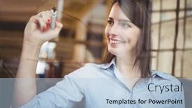  Presentation with creative writing - Cool new PPT theme with businesswoman smiling while writing backdrop and a light blue colored foreground