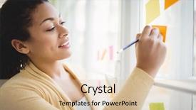  Presentation with creative writing - PPT layouts with businesswoman smiling while writing on adhesive notes in creative office background and a lemonade colored foreground