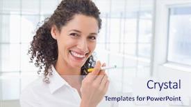 Presentation with power electronic - Beautiful slide set featuring businesswoman smoking an electronic cigarette backdrop and a sky blue colored foreground