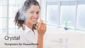  Presentation with electronic and communication - Slide deck having businesswoman smoking an electronic cigarette background and a lemonade colored foreground