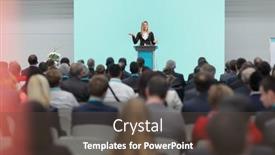  Presentation with speaking - Beautiful slide deck featuring businesswoman-speaking-on-a-pedestal backdrop and a tawny brown colored foreground