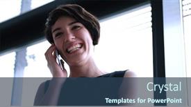  Presentation with phone - Amazing PPT layouts having businesswoman-speeking-on-phone-beside backdrop and a ocean colored foreground