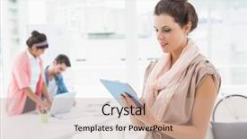  Presentation with tablet - Presentation design having businesswoman standing and using tablet with colleagues behind her background and a coral colored foreground