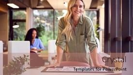  Presentation with desk - Slide deck featuring businesswoman-standing-at-desk background and a coral colored foreground