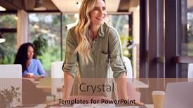  Presentation with desk - Slides consisting of businesswoman-standing-at-desk background and a coral colored foreground