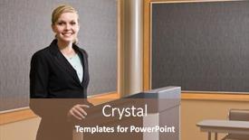  Presentation with give - Slide deck consisting of businesswoman-standing-behind-podium-preparing background and a coral colored foreground